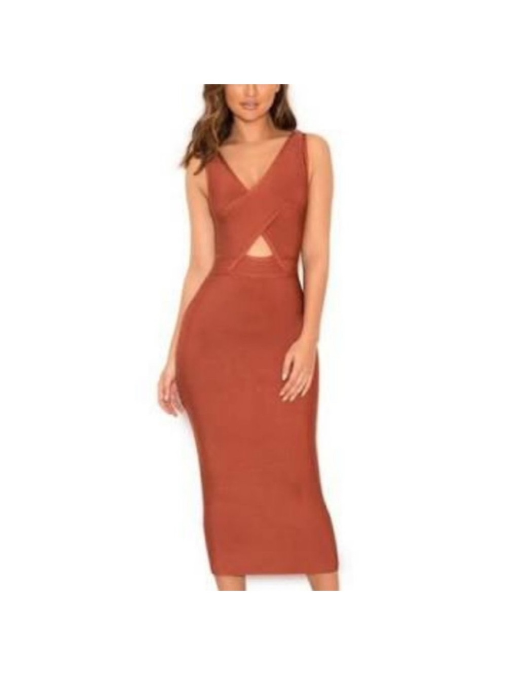 House of CB Rust Midi Bodycon Dress with Front Cutout